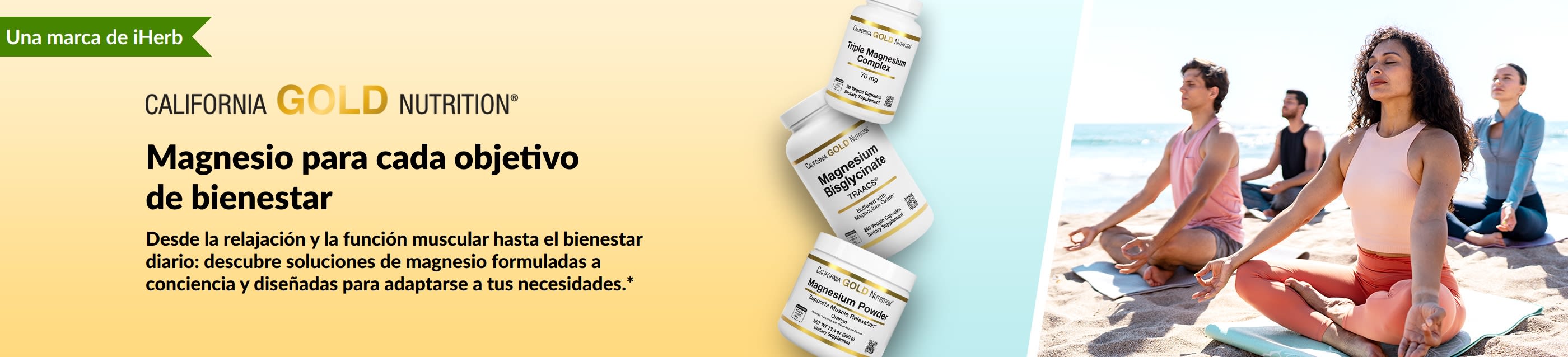 Banner de California Gold Nutrition: Magnesio para cada objetivo de bienestar. Incluye 3 frascos de complementos y personas haciendo yoga.