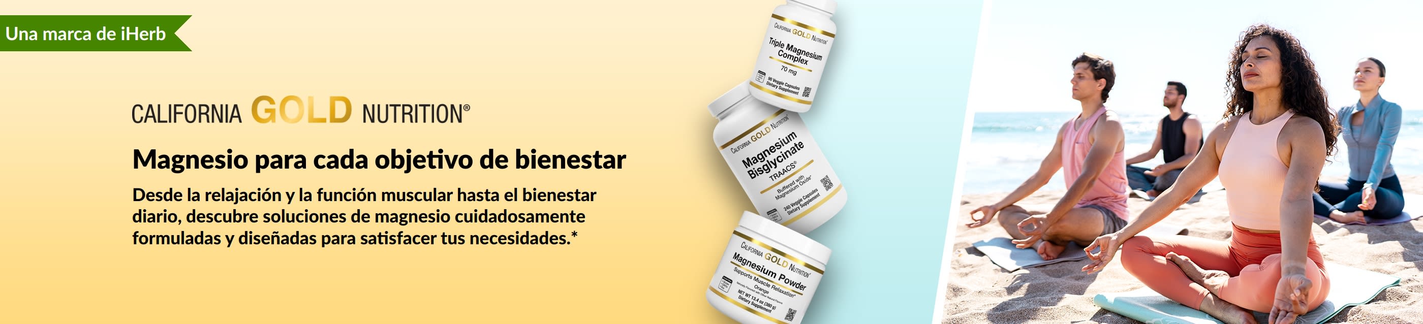 California Gold Nutrition: Magnesio para cada objetivo de bienestar. Con 3 frascos de suplementos y personas haciendo yoga.