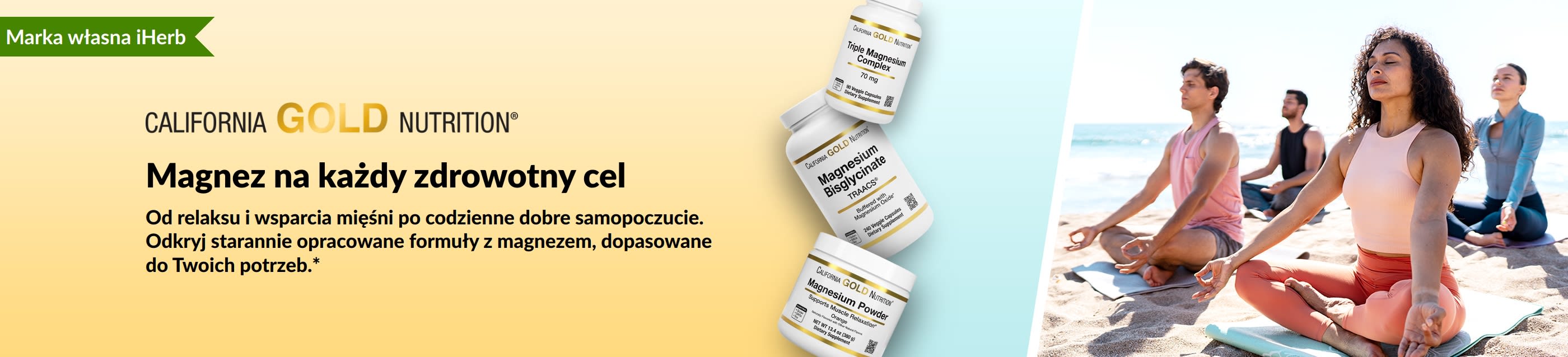 Baner California Gold Nutrition: Magnez na każdy cel zdrowotny. Przedstawia 3 opakowania suplementów z magnezem i ludzi ćwiczących jogę
