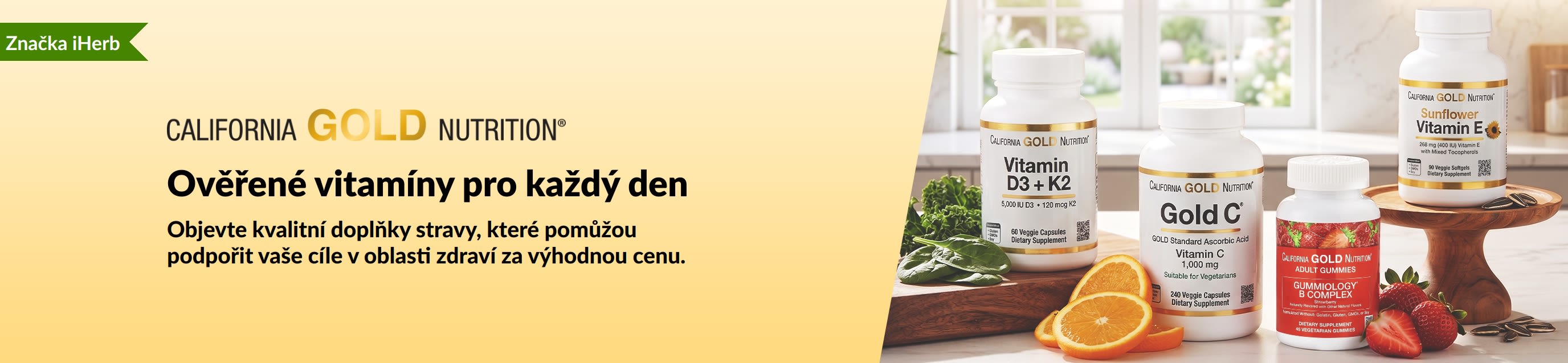 Banner California Gold Nutrition s baleními vitamínů s textem: Ověřené vitamíny pro každý den.