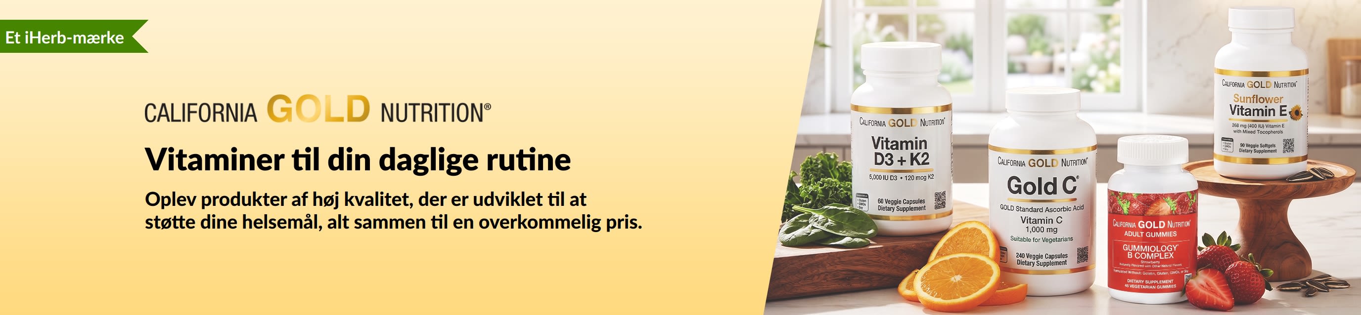 Et banner fra California Gold Nutrition med vitaminflasker og teksten: vitaminer til din daglige rutine.