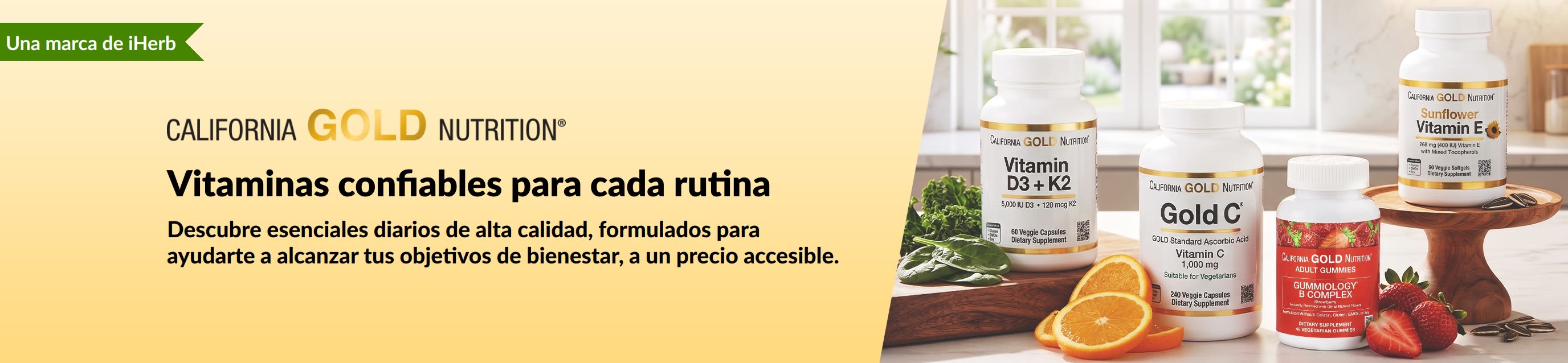 Banner de California Gold Nutrition con frascos de vitaminas y el texto: “Vitaminas confiables para cada rutina”.