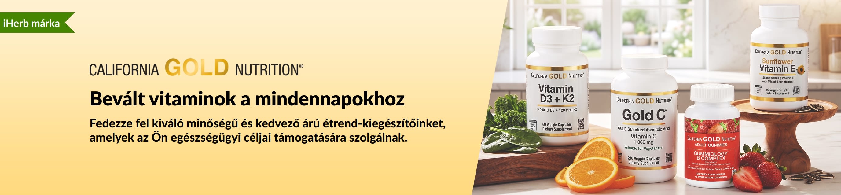 California Gold Nutrition banner, amelyen vitaminos flakonok és a következő szöveg látható: 