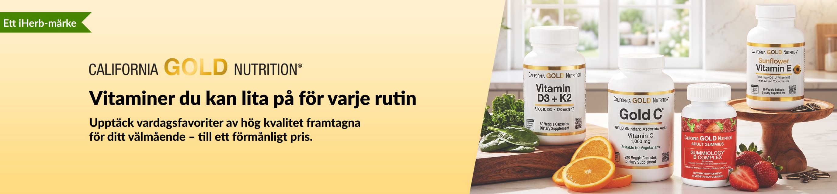 California Gold Nutrition-banner med vitaminburkar och texten 