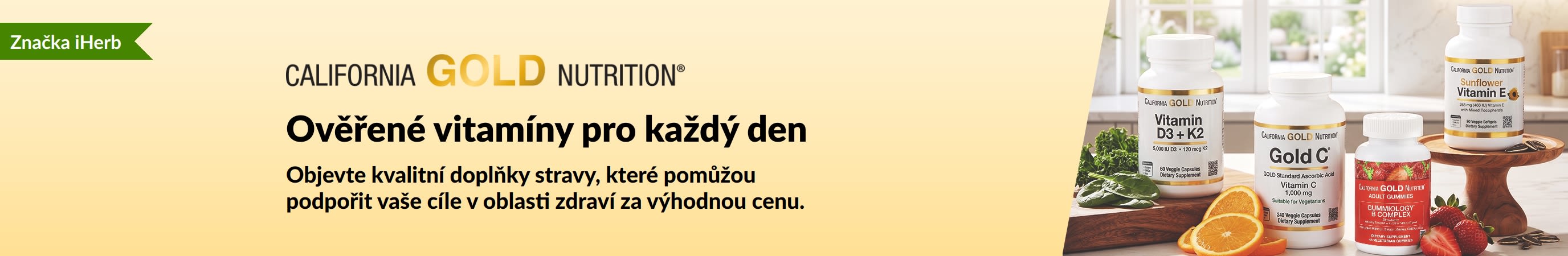 Banner California Gold Nutrition s baleními vitamínů s textem: Ověřené vitamíny pro každý den.