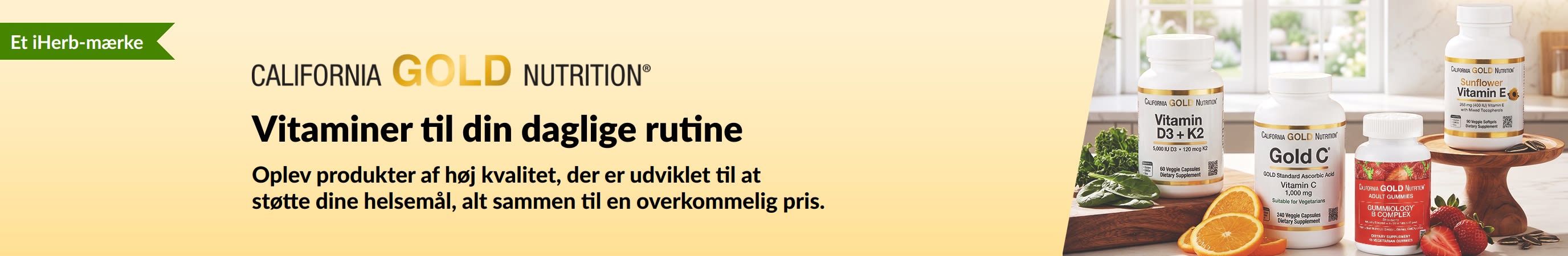Et banner fra California Gold Nutrition med vitaminflasker og teksten: vitaminer til din daglige rutine.
