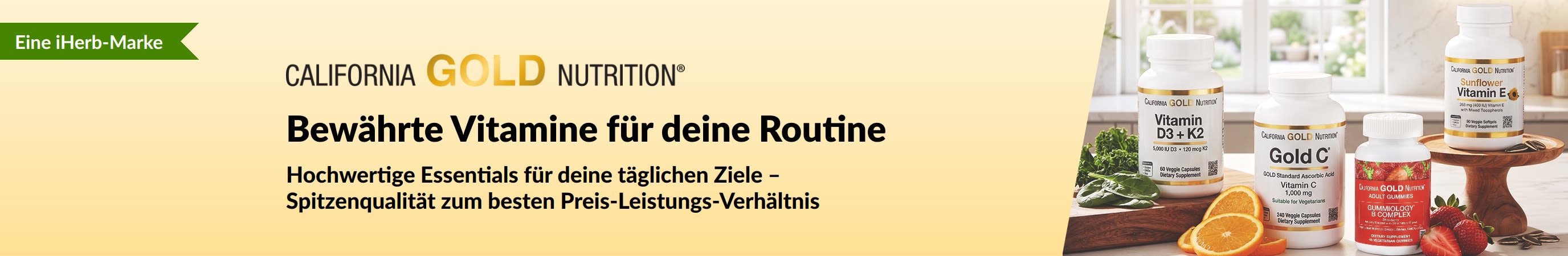California Gold Nutrition-Banner mit Vitaminflaschen und Text: Bewährte Vitamine für deine Routine.