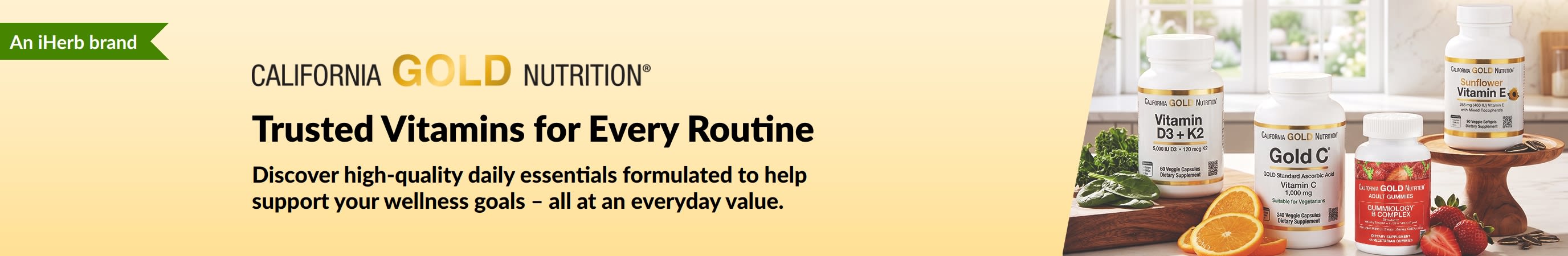 California Gold Nutrition banner featuring vitamin bottles with text, 'Trusted Vitamins for Every Routine.'