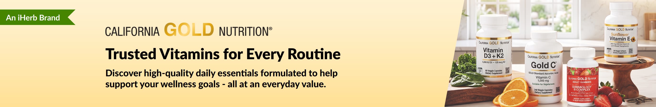 California Gold Nutrition banner featuring vitamin bottles with text, 