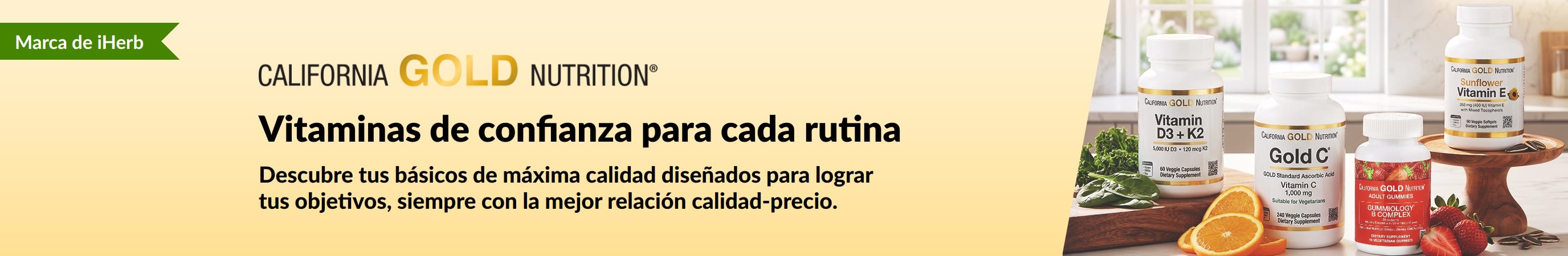 Banner promocional de California Gold Nutrition con frascos de vitaminas y texto 
