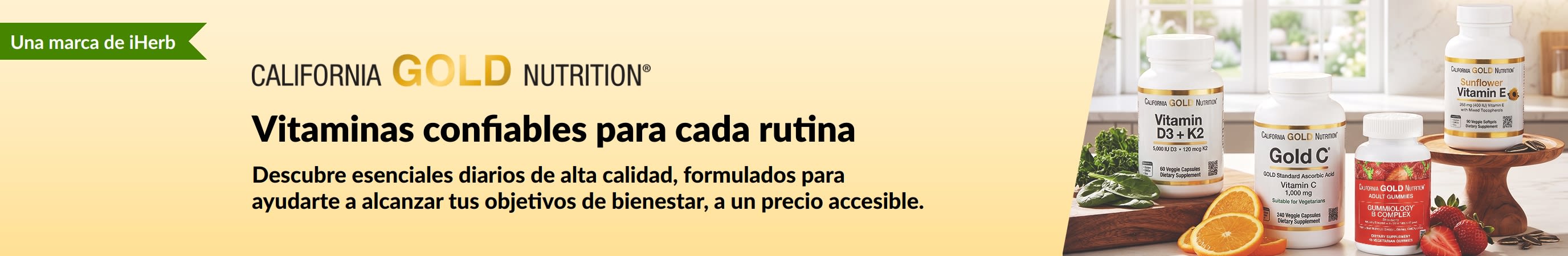 Banner de California Gold Nutrition con frascos de vitaminas y el texto: “Vitaminas confiables para cada rutina”.