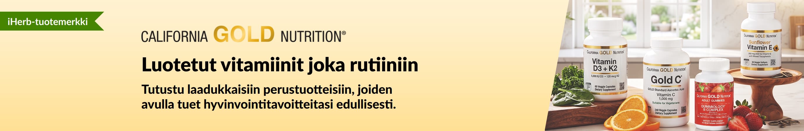 California Gold Nutrition -banneri, jossa vitamiinipurkkeja ja teksti: 