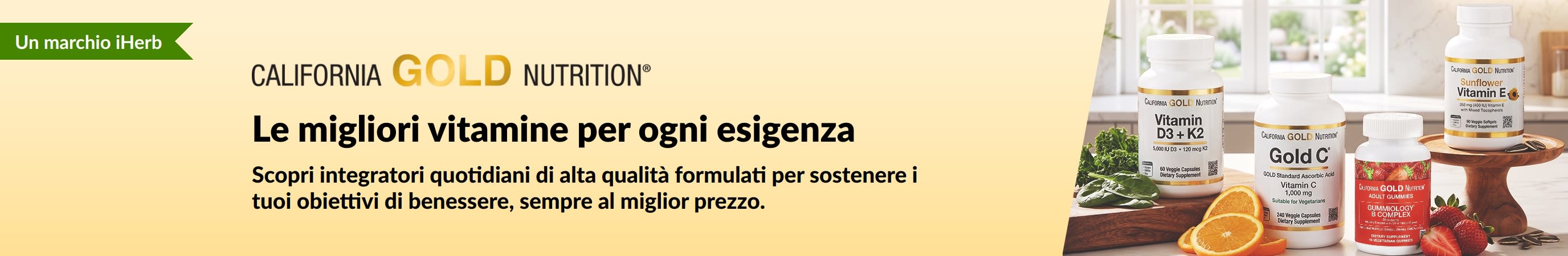 Banner di California Gold Nutrition in cui compaiono barattoli di vitamine e il testo 
