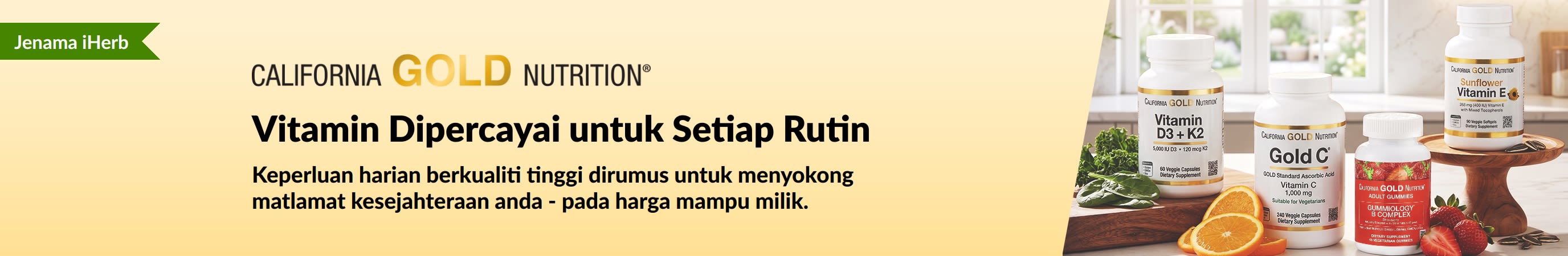 Sepanduk California Gold Nutrition dengan botol vitamin berteks, 