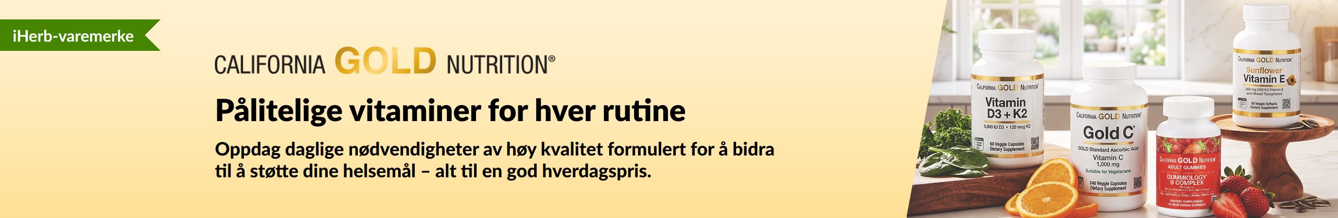 California Gold Nutrition-banner med vitaminflasker og teksten «Trusted Vitamins for Every Routine.».