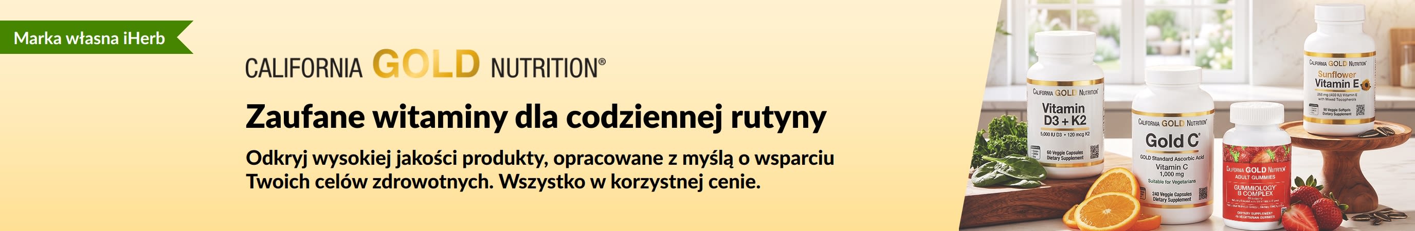 Baner California Gold Nutrition przedstawiający butelki z witaminami i napisem „Zaufane witaminy do codziennej rutyny.”