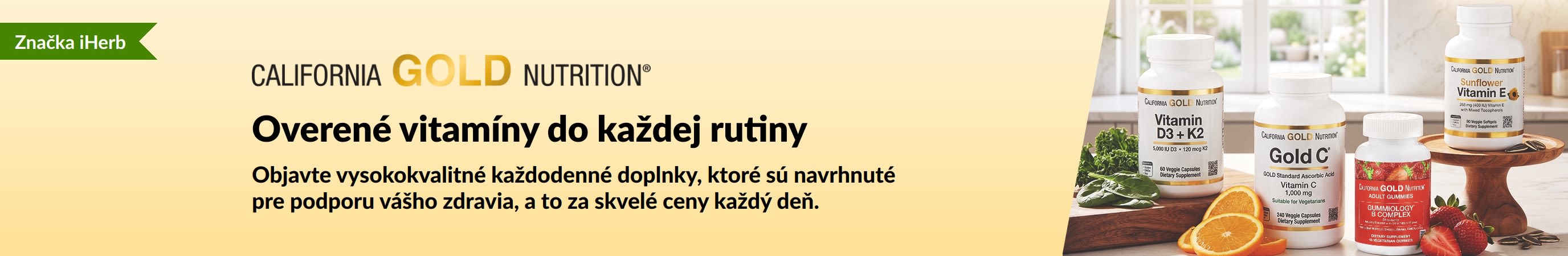 California Gold Nutrition baner s fľaškami vitamínov a textom „Overené vitamíny do každej rutiny“.