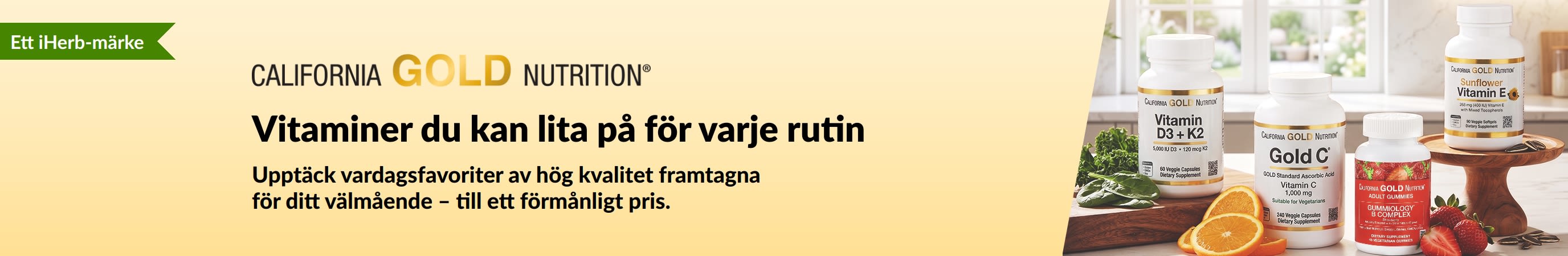 California Gold Nutrition-banner med vitaminburkar och texten 