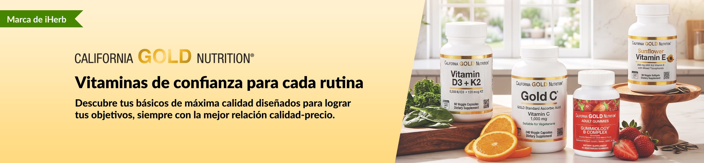 Banner promocional de California Gold Nutrition con frascos de vitaminas y texto 