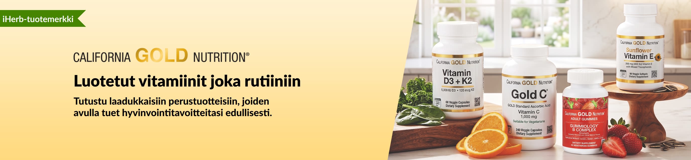 California Gold Nutrition -banneri, jossa vitamiinipurkkeja ja teksti: 