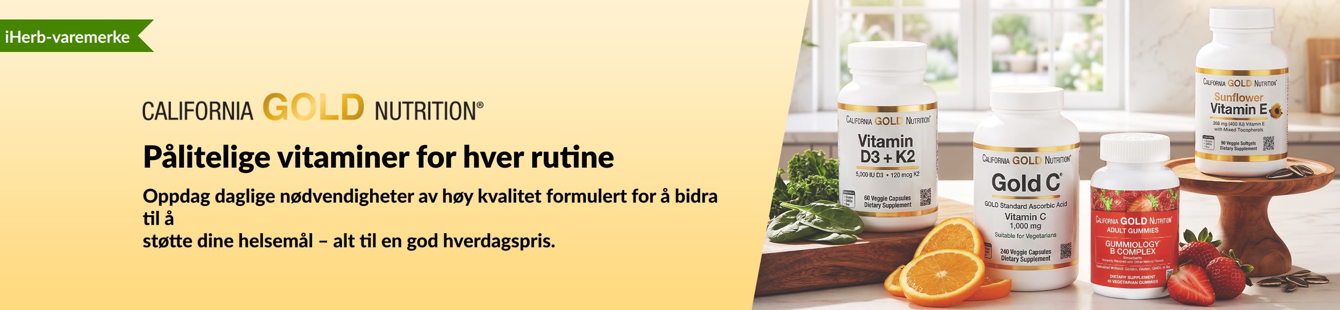 California Gold Nutrition-banner med vitaminflasker og teksten «Trusted Vitamins for Every Routine.».