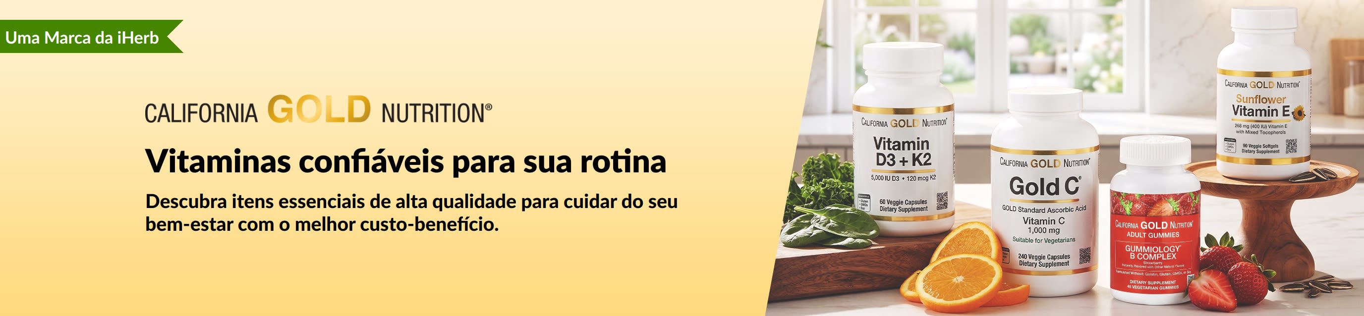 Banner da California Gold Nutrition com frascos de vitaminas e o texto 