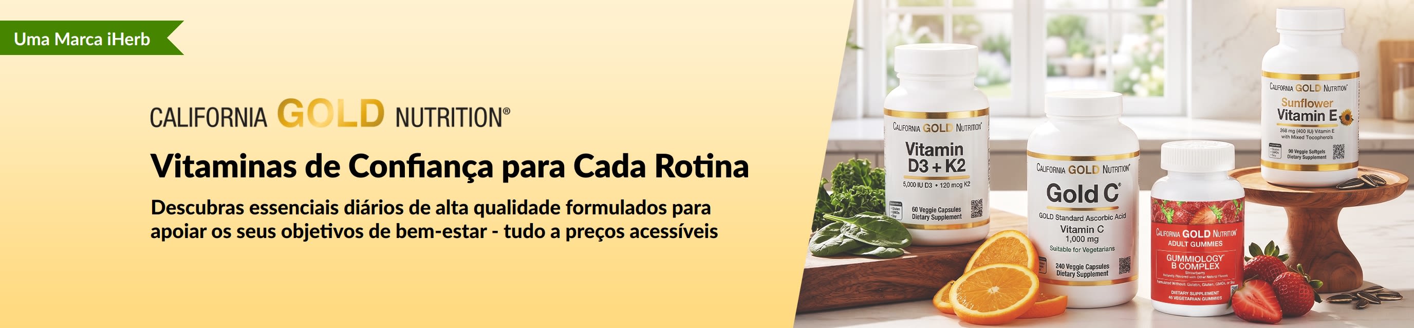 Banner de California Gold Nutrition a promover recipientes de vitaminas com o texto 