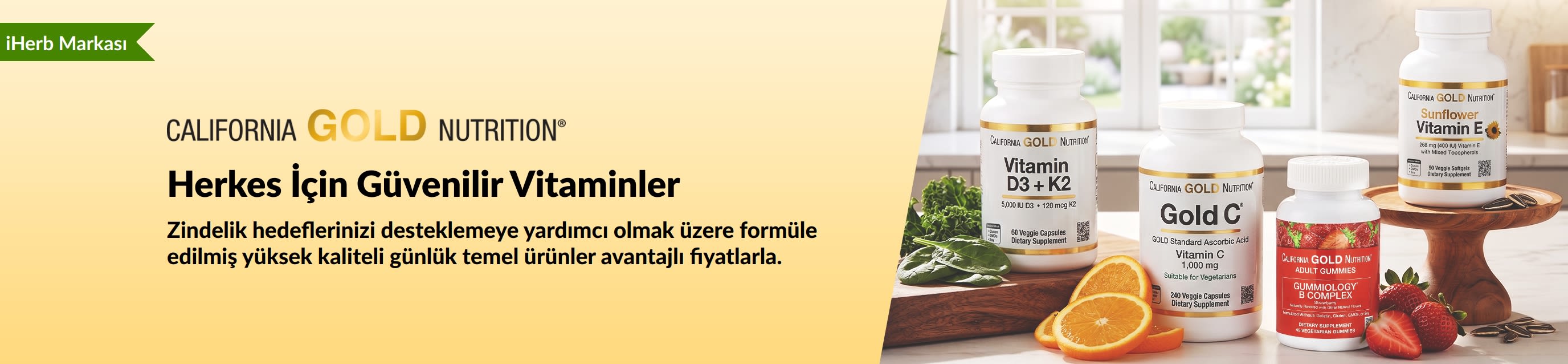 Üzerinde “Herkes İçin Güvenilir Vitaminler” yazan, vitamin şişelerinin yer aldığı California Gold Nutrition bannerı.