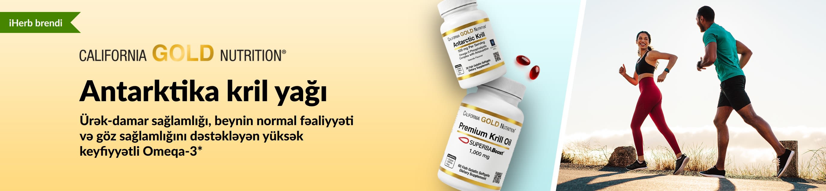 Ürək, beyin və göz sağlamlığı üçün yüksək keyfiyyətli Omeqa-3 dəstəyi təqdim edən California Gold Nutrition Antarktika kril yağı banneri.