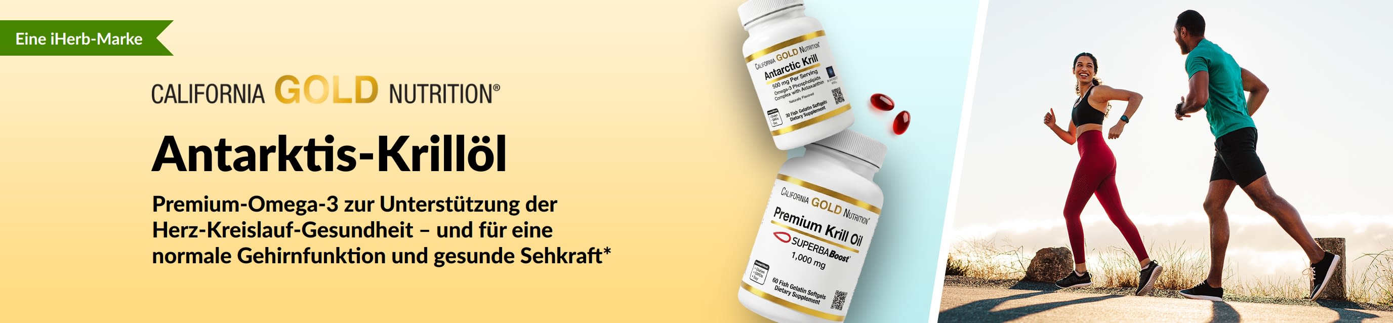 Banner für „California Gold Nutrition Antarctic Krill Oil“, das hochwertige Omega-3-Nahrung für die Gesundheit von Herz, Gehirn und Augen bewirbt.