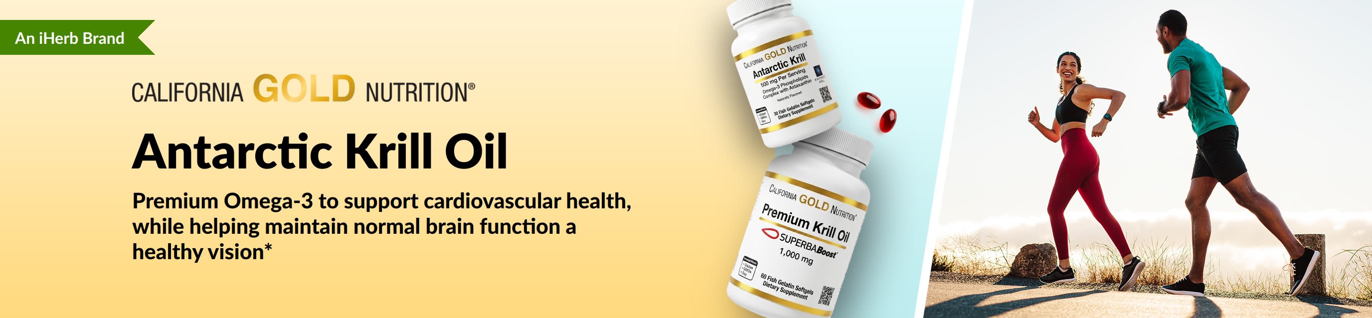 California Gold Nutrition Antarctic Krill Oil banner promoting premium omega-3 support for heart, brain, and eye health.