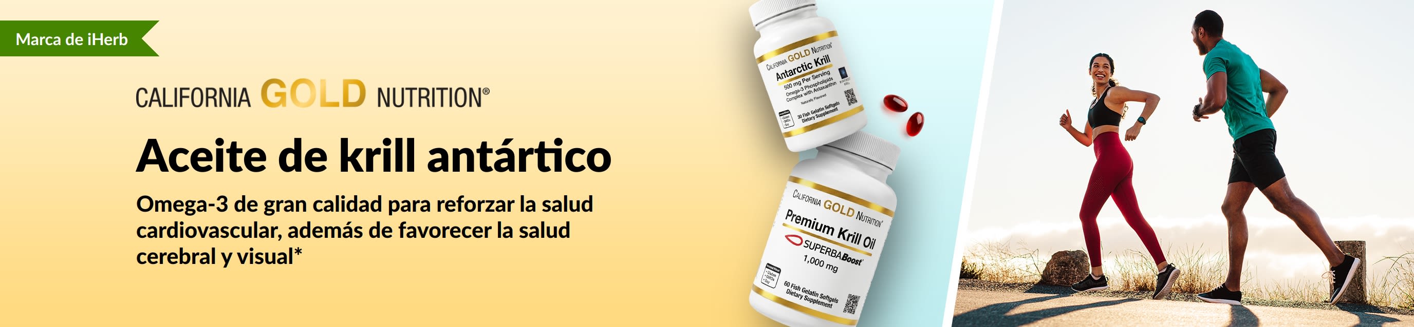 Banner de aceite de krill antártico de California Gold, promocionando omega-3 de gran calidad para reforzar la salud cardiovascular, cerebral y visual.