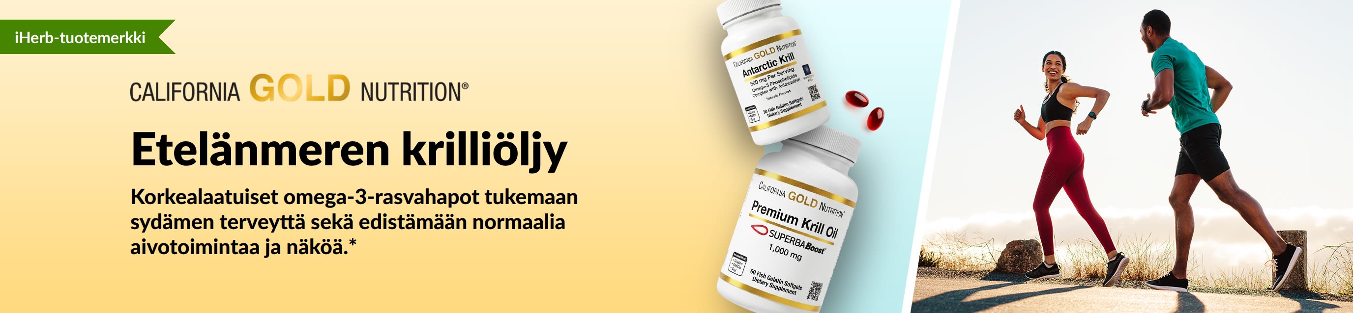 California Gold Nutrition -krilliöljyn banneri, joka mainostaa laadukasta omega-3-lisää sydämen, aivojen ja näön tukemiseen.
