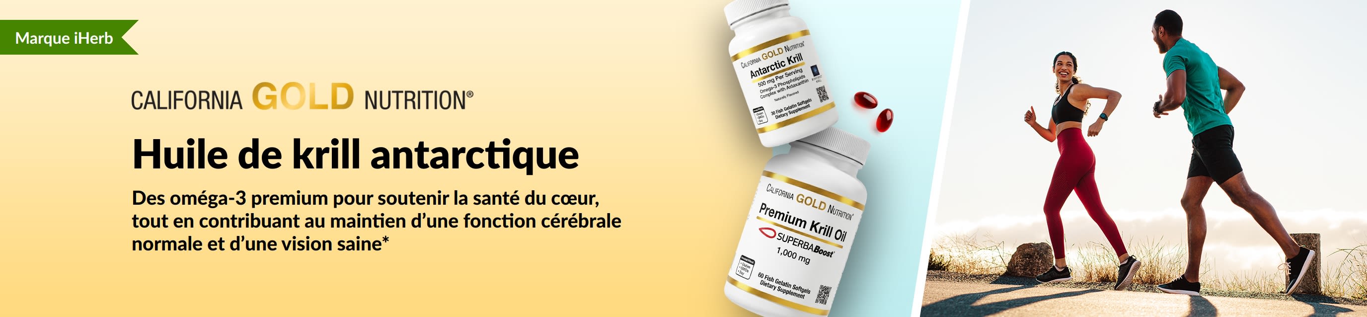 Bannière California Gold Nutrition Huile de krill antarctique pour le soutien du cœur, du cerveau et des yeux.