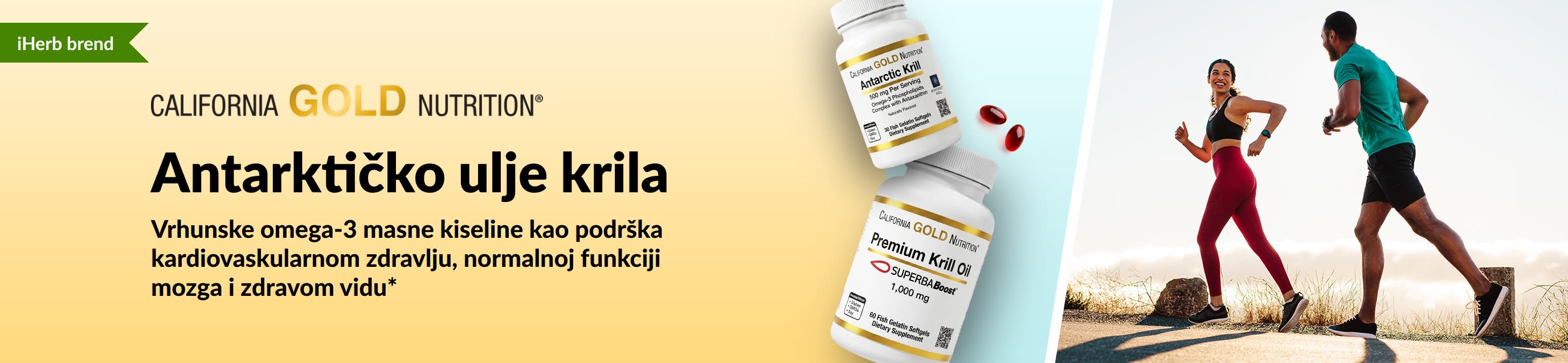 Reklamni natpis za California Gold Nutrition antarktičko ulje krila koji promovira vrhunske omega-3 kiseline kao podrška srcu, funkcijama mozga i zdravom vidu*