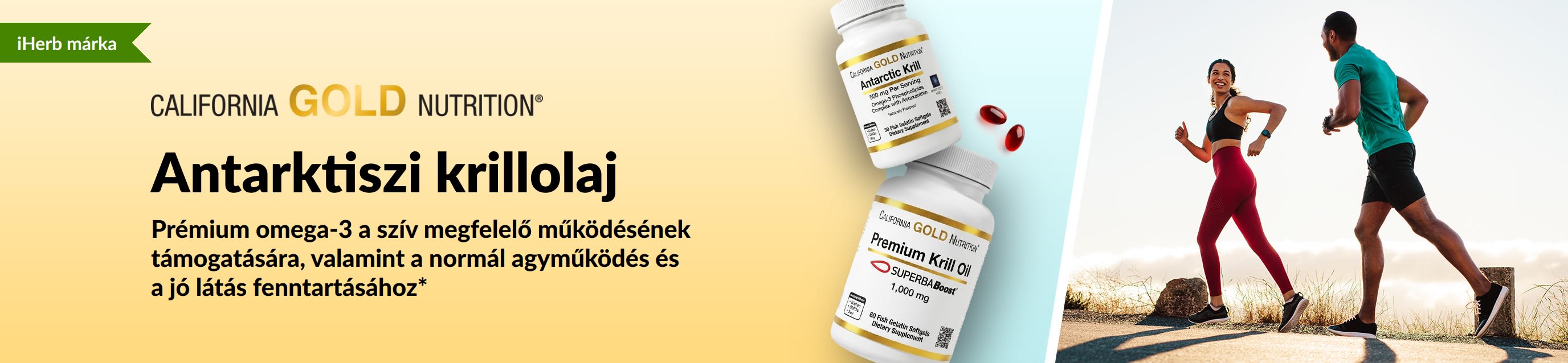California Gold Nutrition Antarktiszi krillolajat népszerűsítő banner: prémium omega-3 támogatás a szív, az agy és a szem egészségéért.
