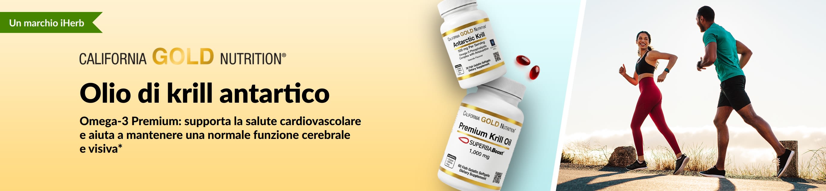 Banner sull'olio di krill antartico California Gold Nutrition che promuove un supporto di omega-3 premium per la salute del cuore, del cervello e degli occhi.