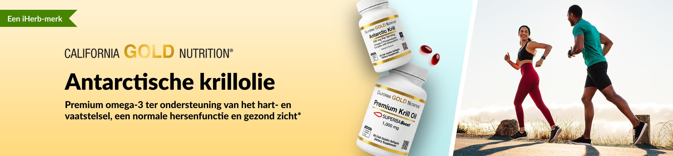 Banner van California Gold Nutrition met Antarctische krillolie die hoogwaardige omega-3-vetzuren promoot ter ondersteuning van de gezondheid van hart, hersenen en ogen.