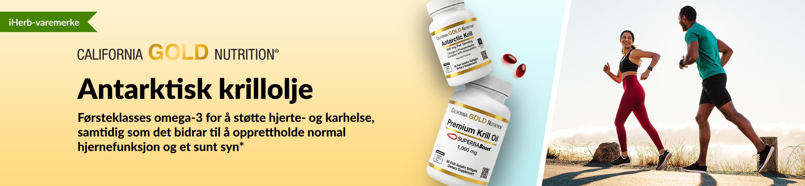California Gold Nutrition Antarctic Krill Oil-banner som promoterer førsteklasses omega-3-støtte for hjerte-, hjerne- og øyehelse.
