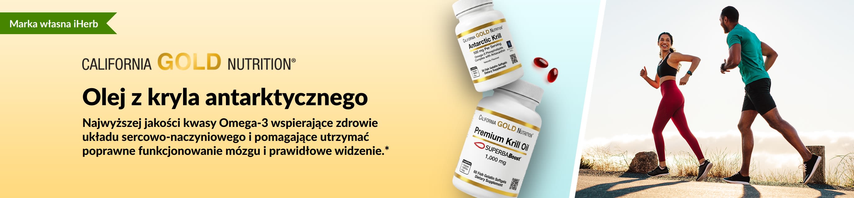 Baner oleju z kryla antarktycznego California Gold Nutrition promujący najwyższej jakości wsparcie omega-3 dla zdrowia serca, mózgu i oczu.
