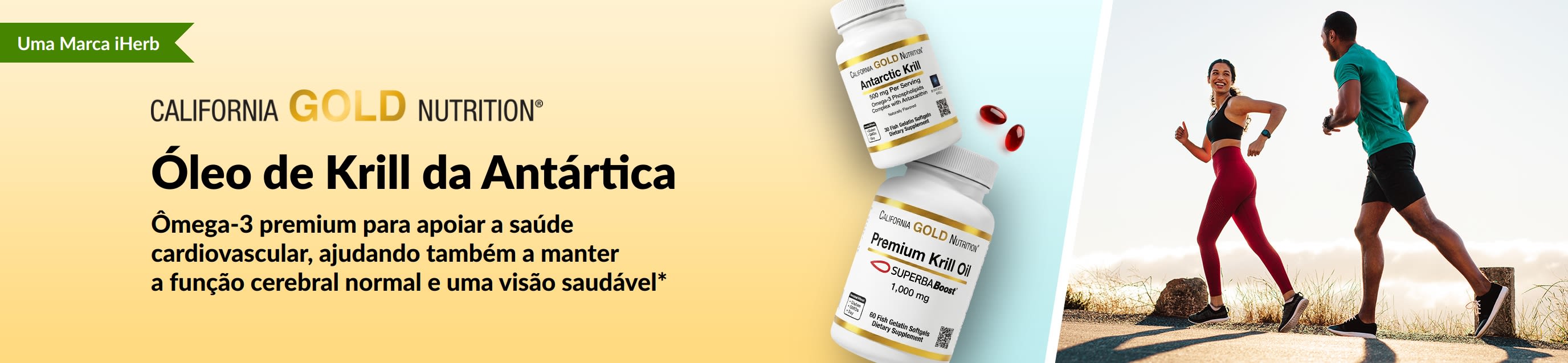 Banner da California Gold Nutrition Antarctic Krill Oil promovendo suporte premium de ômega-3 para a saúde do coração, cérebro e olhos.