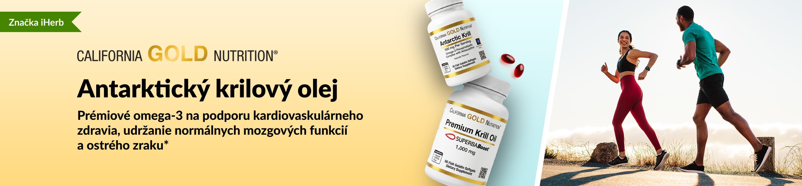 Baner pre antarktický krilový olej od California Gold Nutrition propagujúci prémiové omega-3 pre srdce, mozog a zrak.