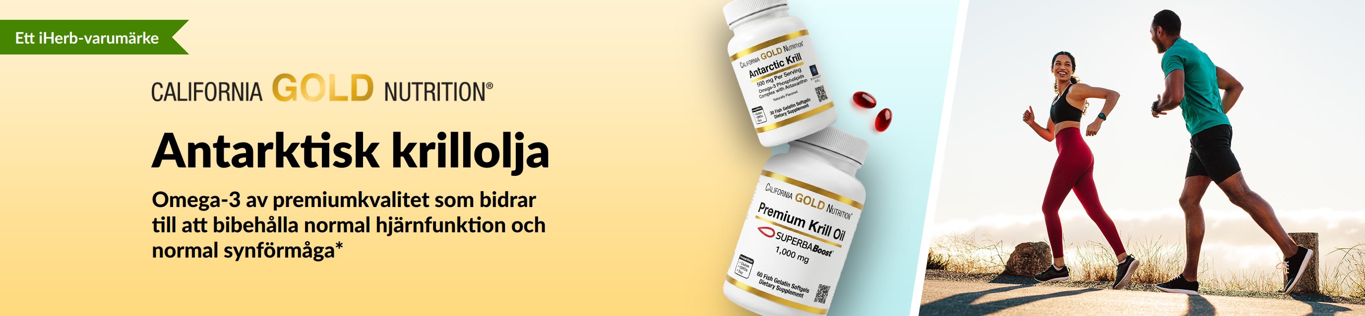 Banner för California Gold Nutrition Antarktisk krillolja som marknadsför omega-3 av hög kvalitet för hjärtat, hjärnan och ögonhälsan.