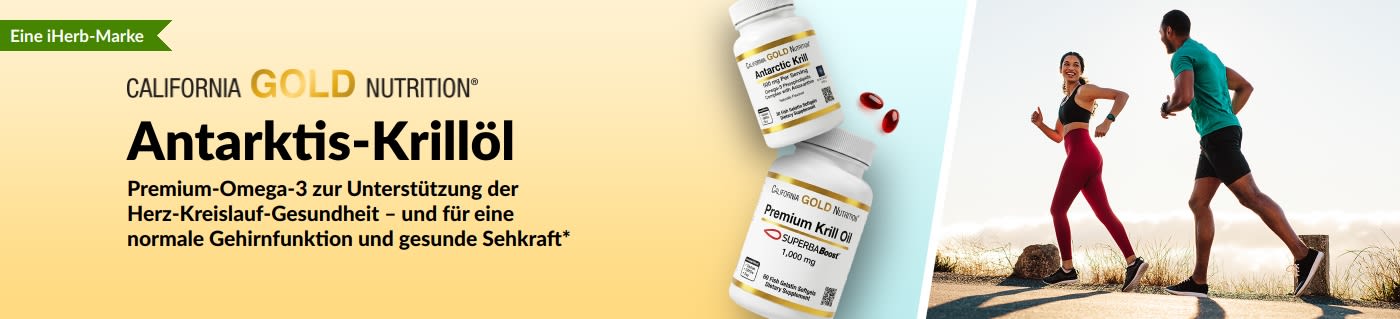 Banner für „California Gold Nutrition Antarctic Krill Oil“, das hochwertige Omega-3-Nahrung für die Gesundheit von Herz, Gehirn und Augen bewirbt.