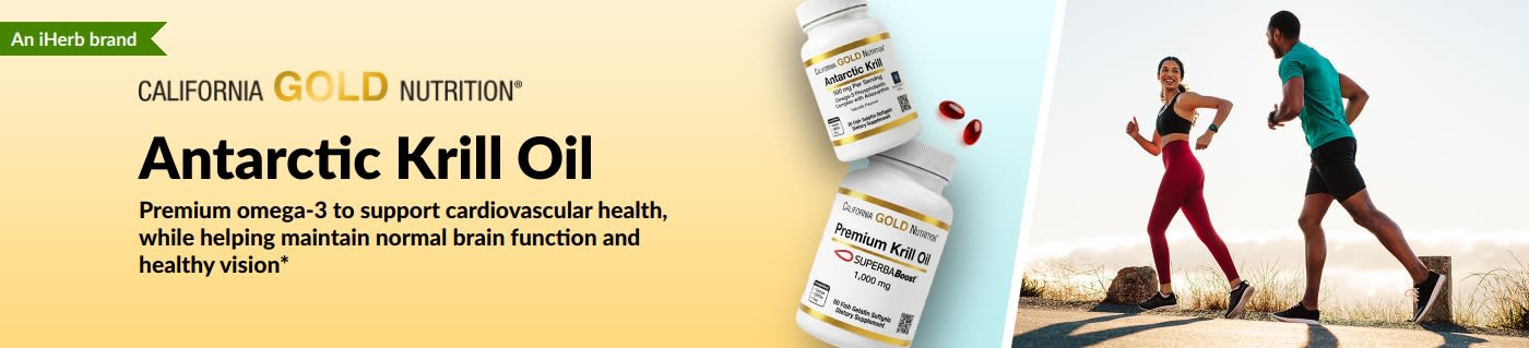 California Gold Nutrition Antarctic Krill Oil banner promoting premium omega-3 support for heart, brain and eye health.