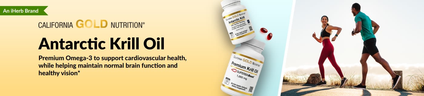 California Gold Nutrition Antarctic Krill Oil banner promoting premium omega-3 support for heart, brain, and eye health.