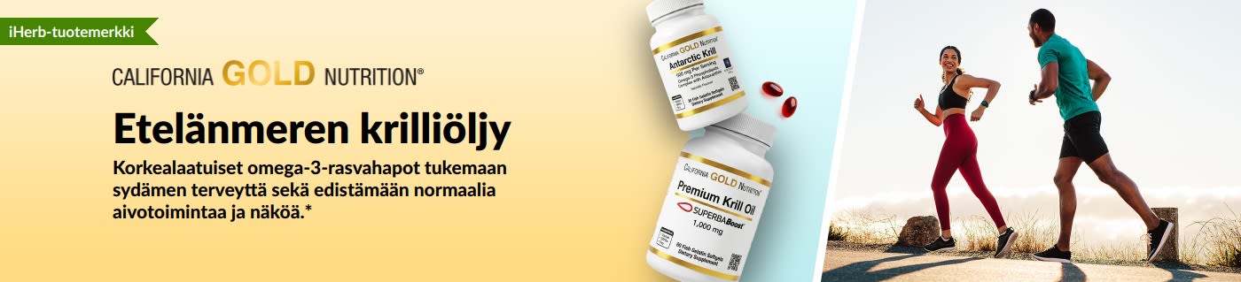 California Gold Nutrition -krilliöljyn banneri, joka mainostaa laadukasta omega-3-lisää sydämen, aivojen ja näön tukemiseen.