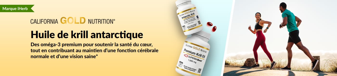Bannière California Gold Nutrition Huile de krill antarctique pour le soutien du cœur, du cerveau et des yeux.