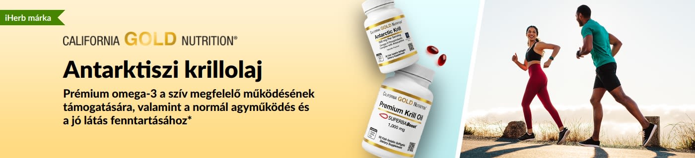 California Gold Nutrition Antarktiszi krillolajat népszerűsítő banner: prémium omega-3 támogatás a szív, az agy és a szem egészségéért.