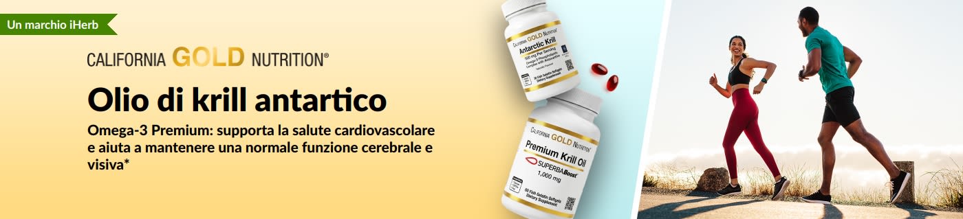 Banner sull'olio di krill antartico California Gold Nutrition che promuove un supporto di omega-3 premium per la salute del cuore, del cervello e degli occhi.